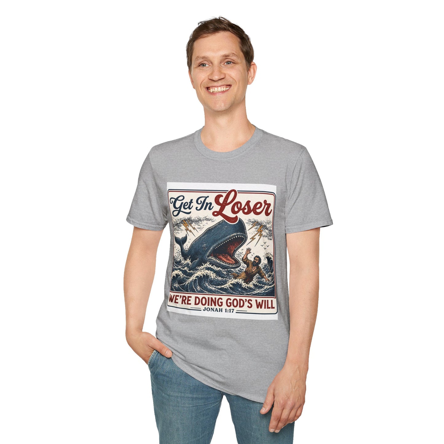 T-Shirt — "Get In Loser" Jonah 1:17 Whale Vintage Christian Graphic Tee