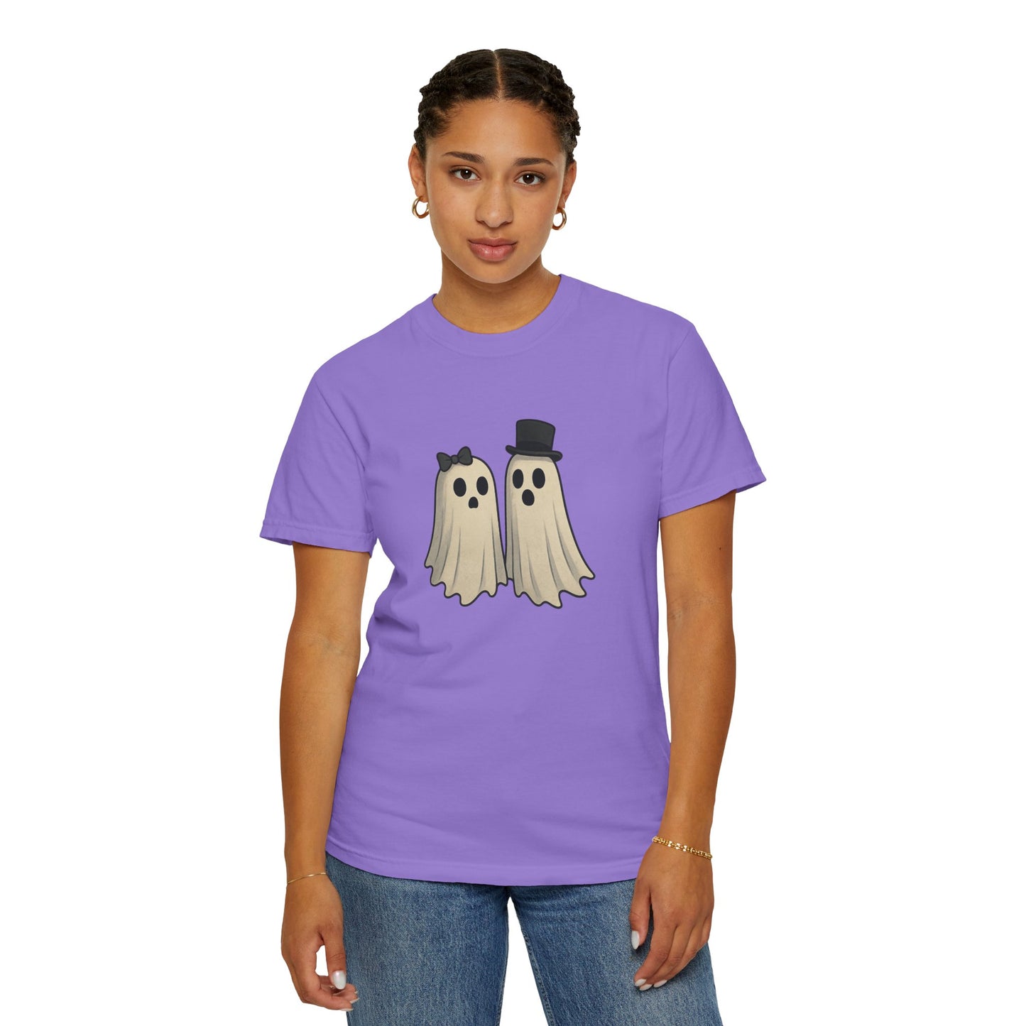 Spooky Ghost Couple Halloween T-Shirt – Cute His & Hers Matching Ghosts Tee with Bow & Top Hat