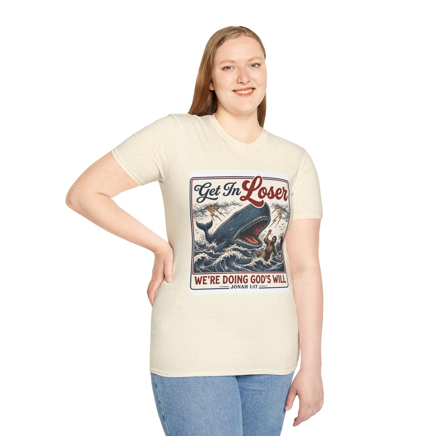 T-Shirt — "Get In Loser" Jonah 1:17 Whale Vintage Christian Graphic Tee