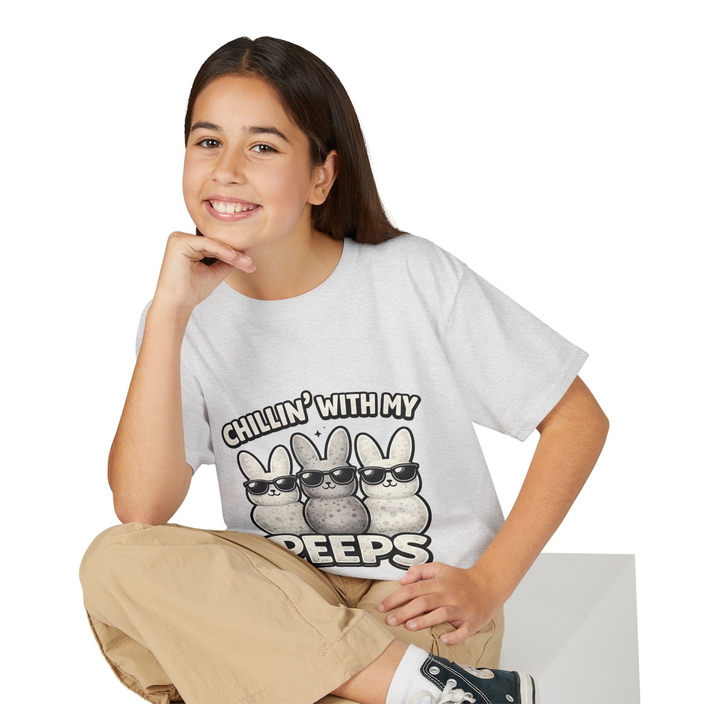 Youth T-Shirt — "Chillin' With My Peeps" Cute Bunny Marshmallow Graphic