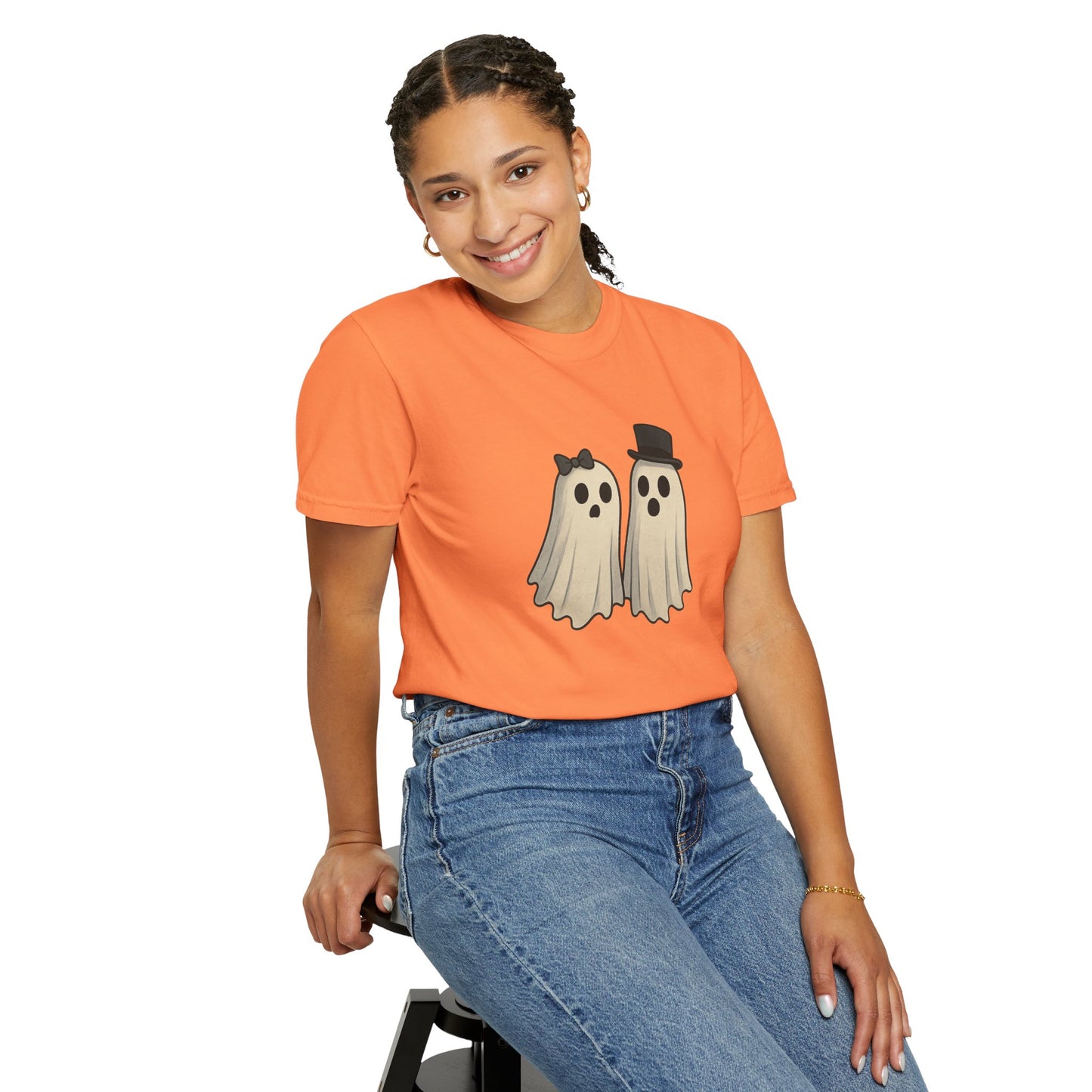 Spooky Ghost Couple Halloween T-Shirt – Cute His & Hers Matching Ghosts Tee with Bow & Top Hat