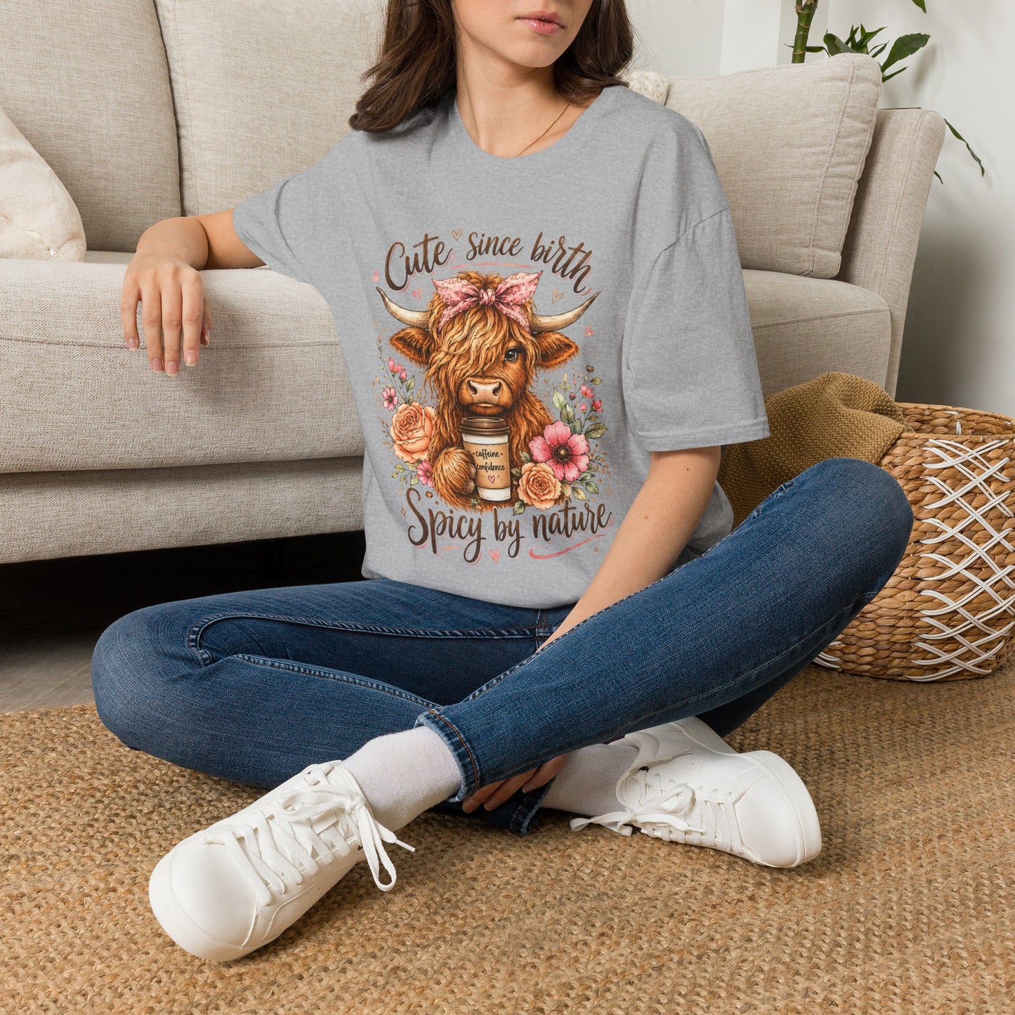 Cute Since Birth Cow T-Shirt | Floral Highland Cow Tee (Spicy by Nature)