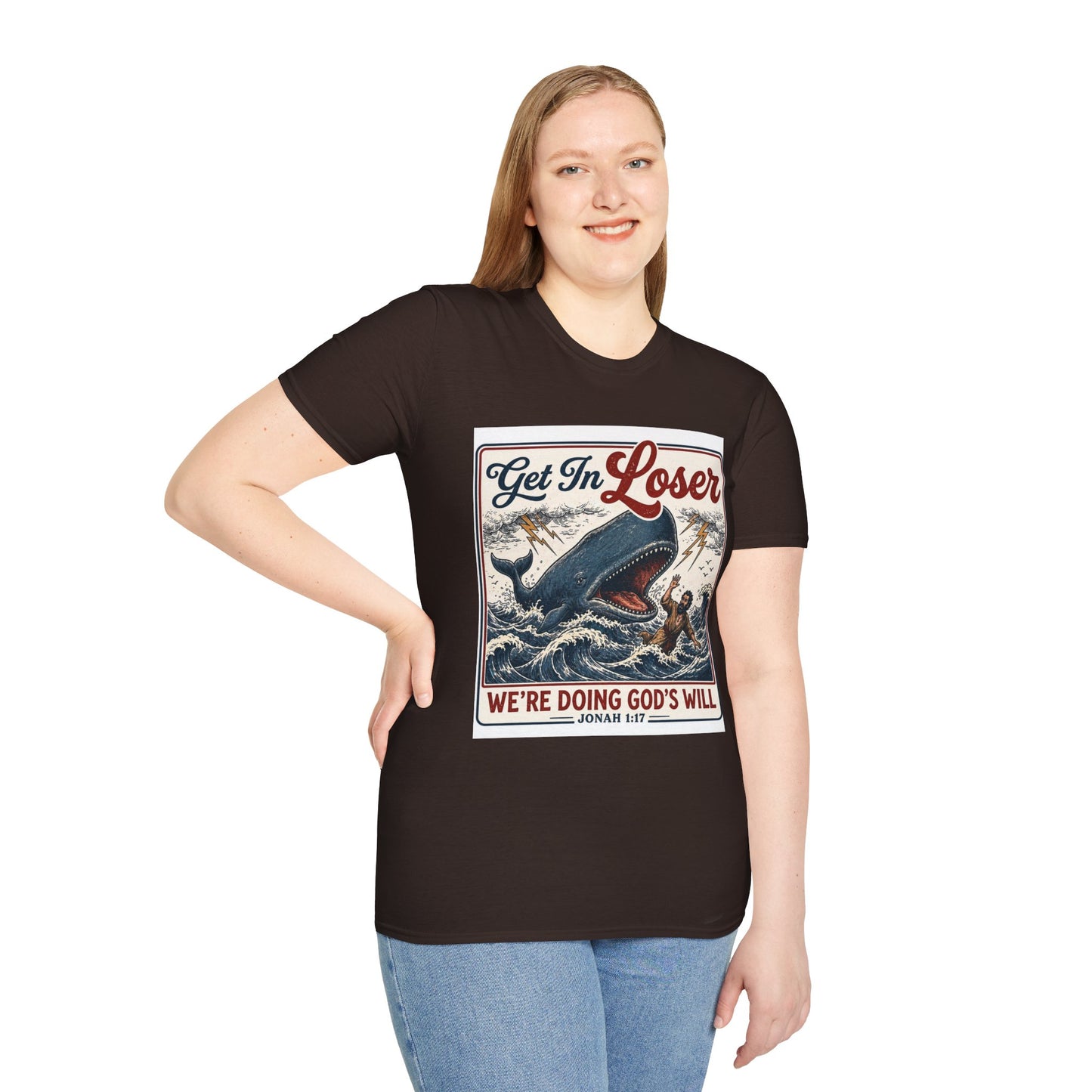 T-Shirt — "Get In Loser" Jonah 1:17 Whale Vintage Christian Graphic Tee
