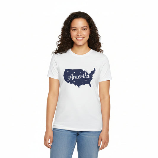 America Map T-Shirt | Navy USA Script Patriotic Tee for 4th of July