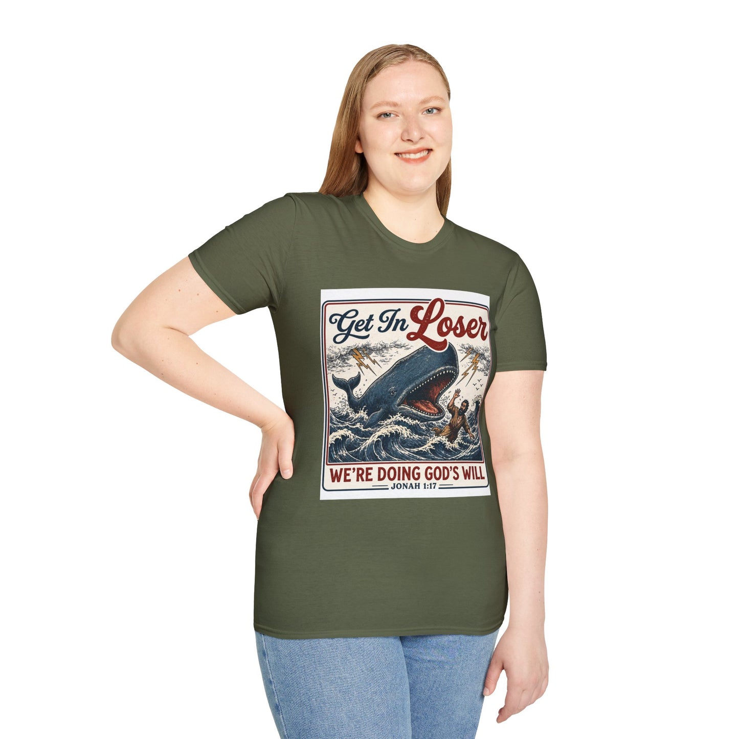 T-Shirt — "Get In Loser" Jonah 1:17 Whale Vintage Christian Graphic Tee