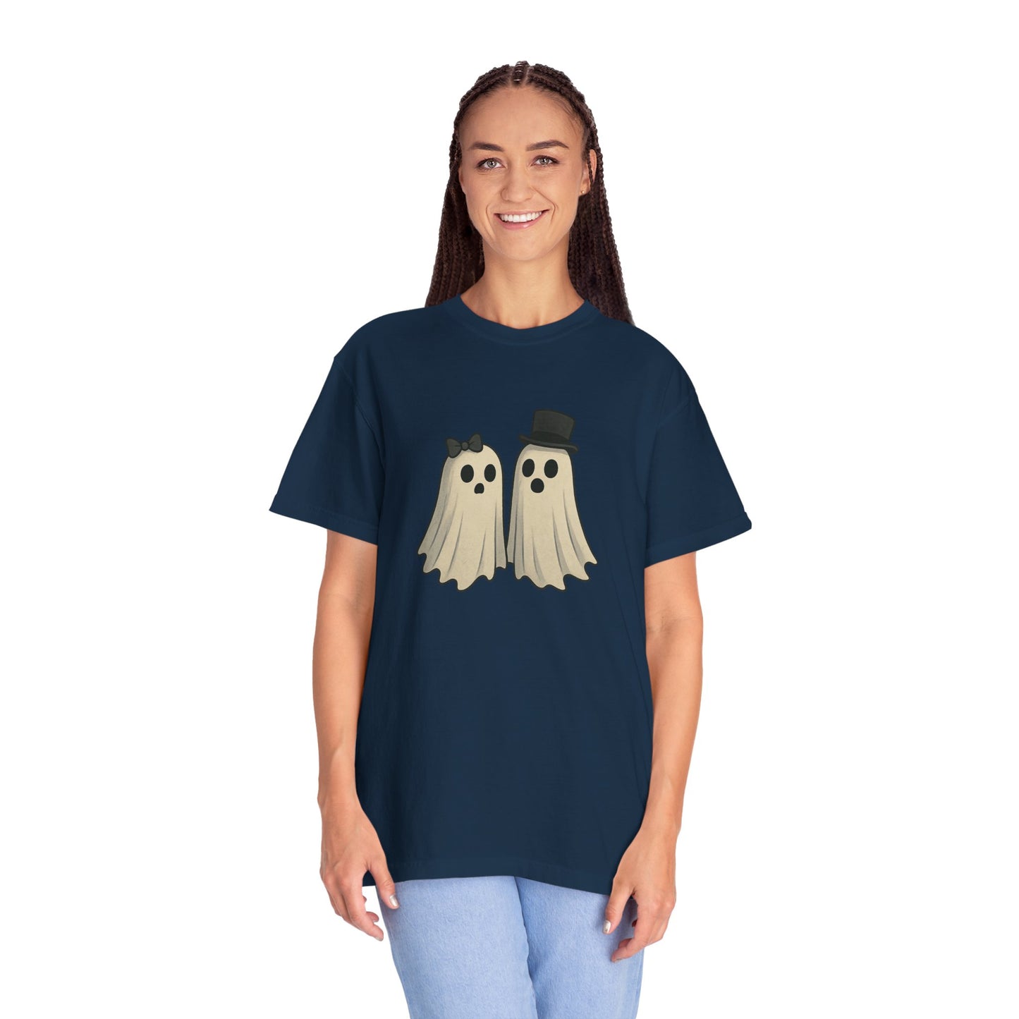 Spooky Ghost Couple Halloween T-Shirt – Cute His & Hers Matching Ghosts Tee with Bow & Top Hat