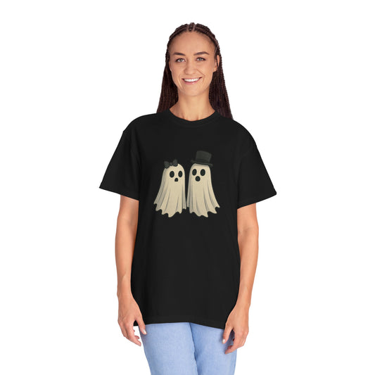 Spooky Ghost Couple Halloween T-Shirt – Cute His & Hers Matching Ghosts Tee with Bow & Top Hat