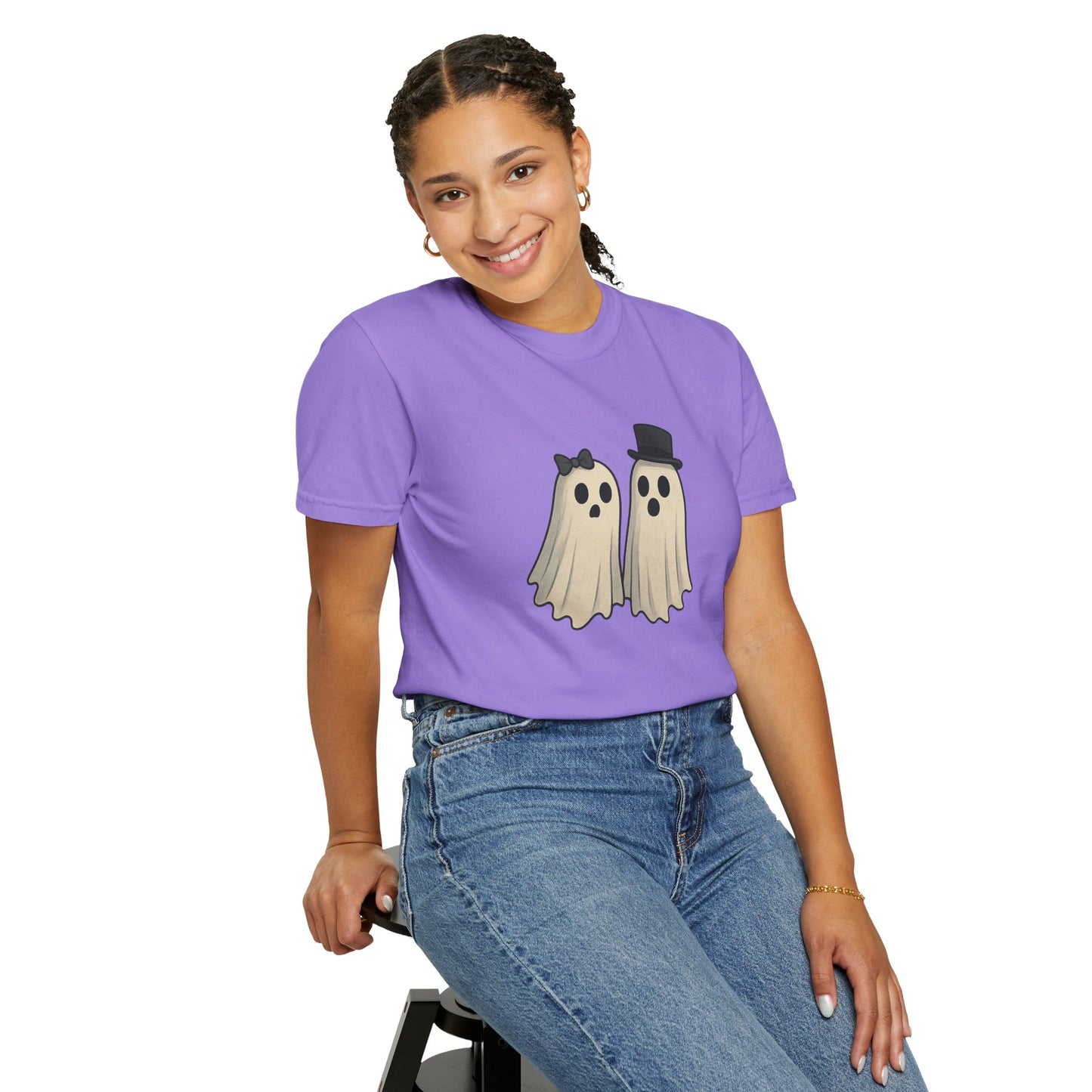 Spooky Ghost Couple Halloween T-Shirt – Cute His & Hers Matching Ghosts Tee with Bow & Top Hat