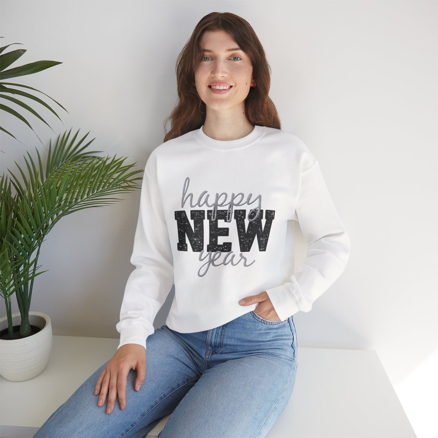 Happy New Year Crewneck Sweatshirt | Festive Glitter Graphic Pullover