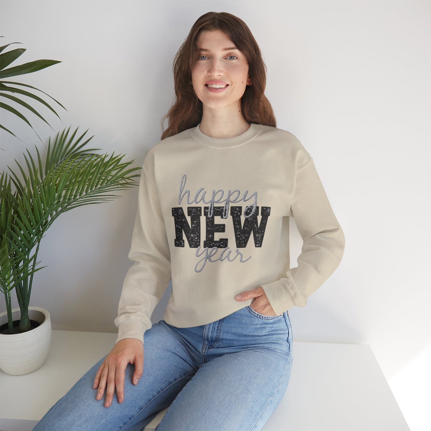 Happy New Year Crewneck Sweatshirt | Festive Glitter Graphic Pullover