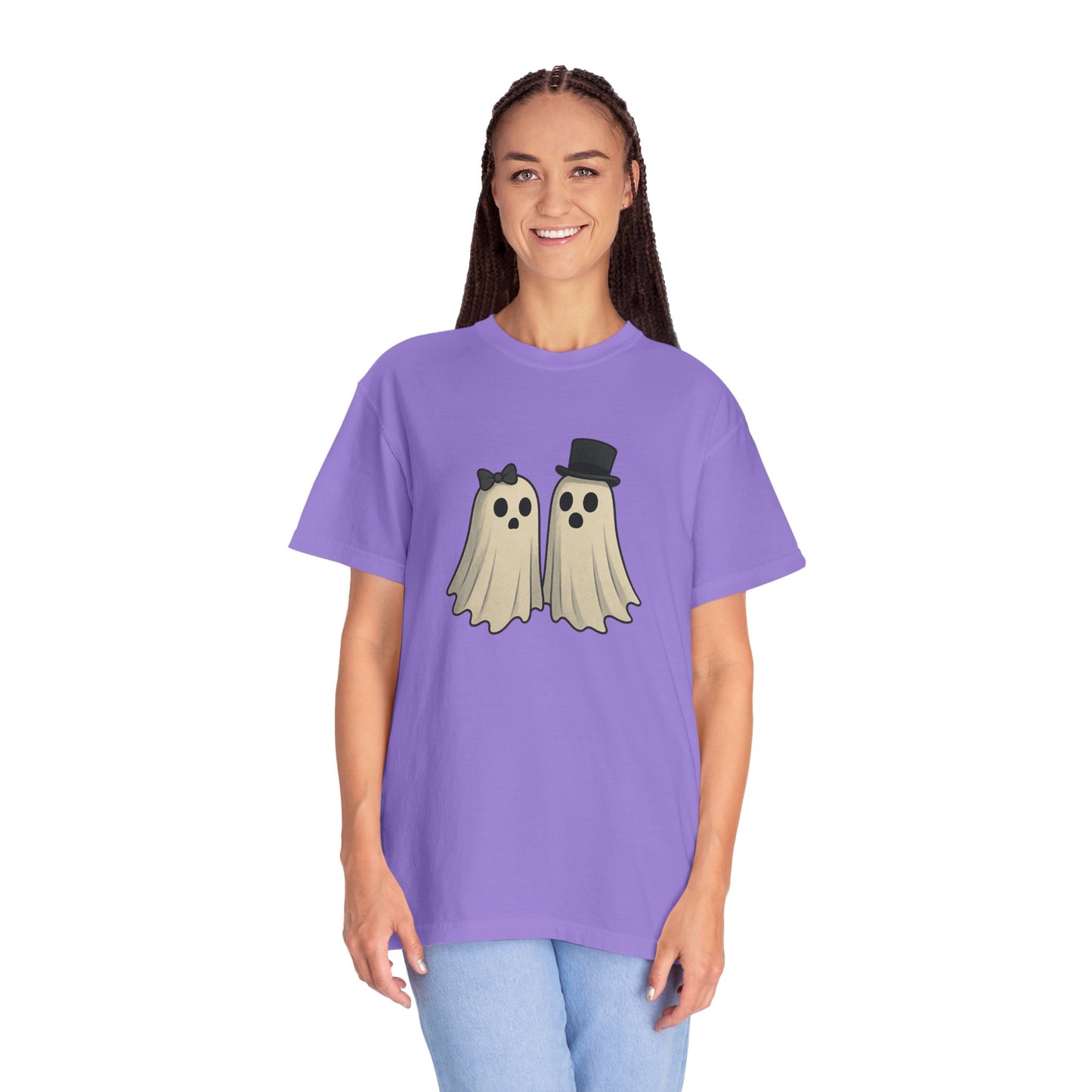 Spooky Ghost Couple Halloween T-Shirt – Cute His & Hers Matching Ghosts Tee with Bow & Top Hat
