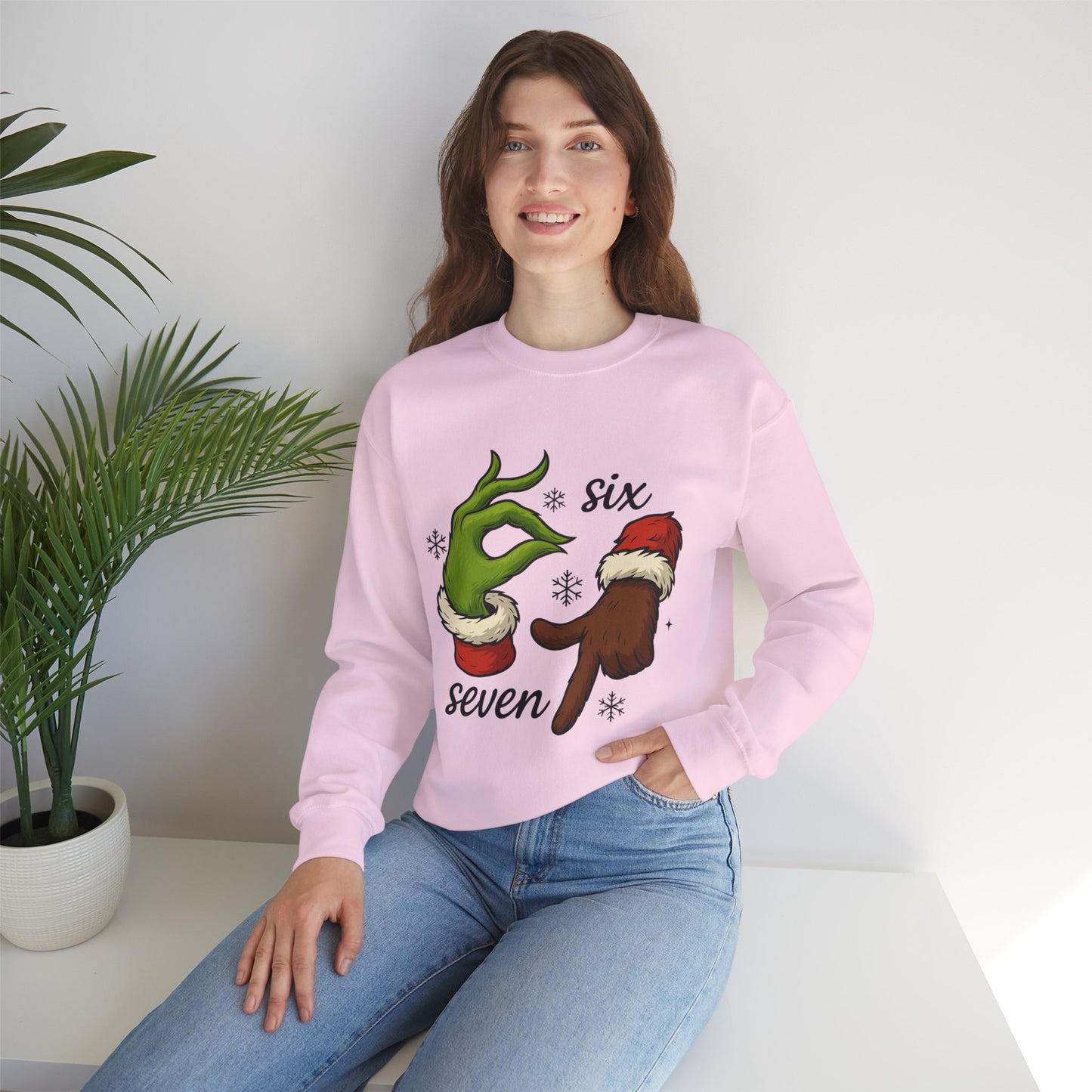 Six Seven Christmas Sweatshirt – Funny Grinch Hand Holiday Crewneck