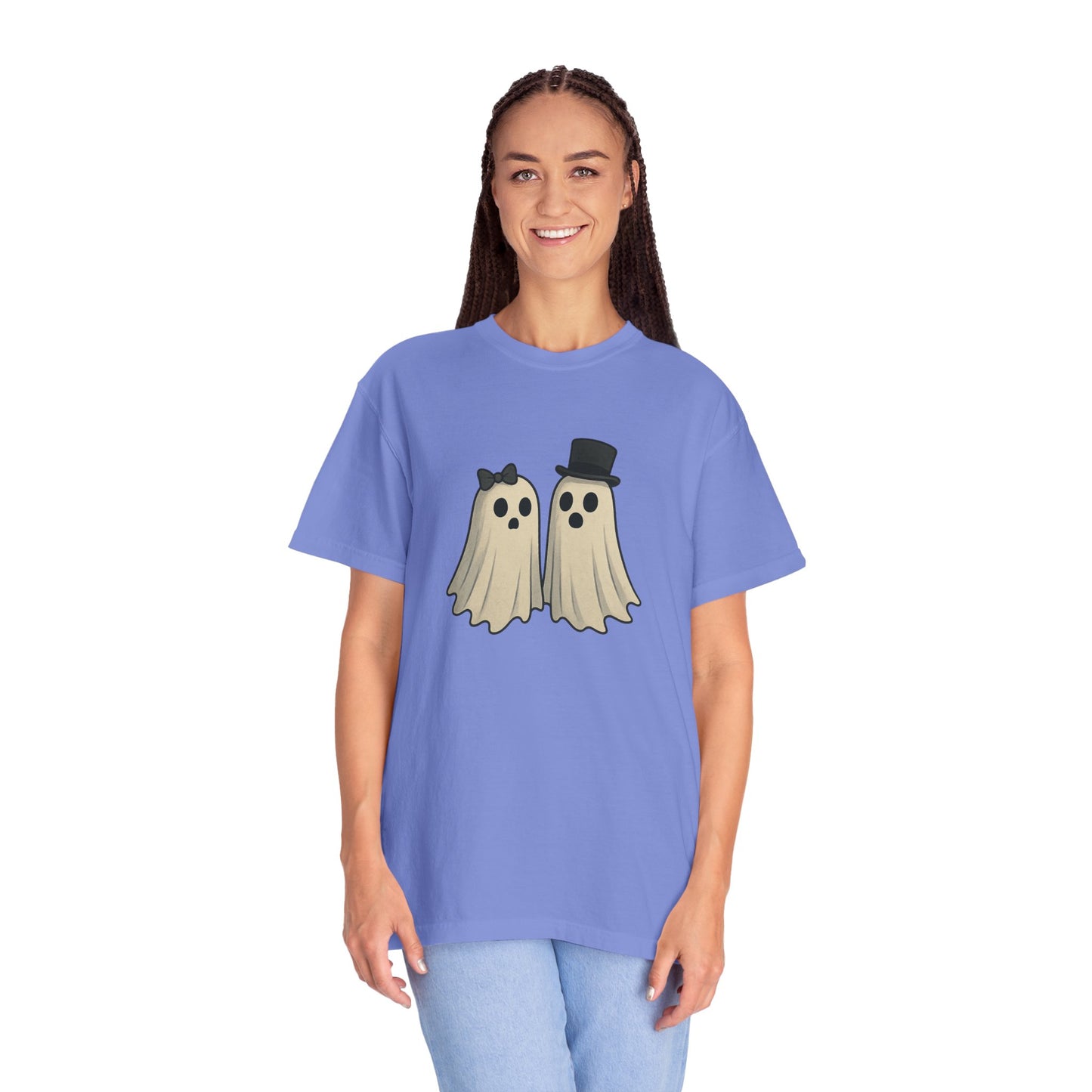 Spooky Ghost Couple Halloween T-Shirt – Cute His & Hers Matching Ghosts Tee with Bow & Top Hat