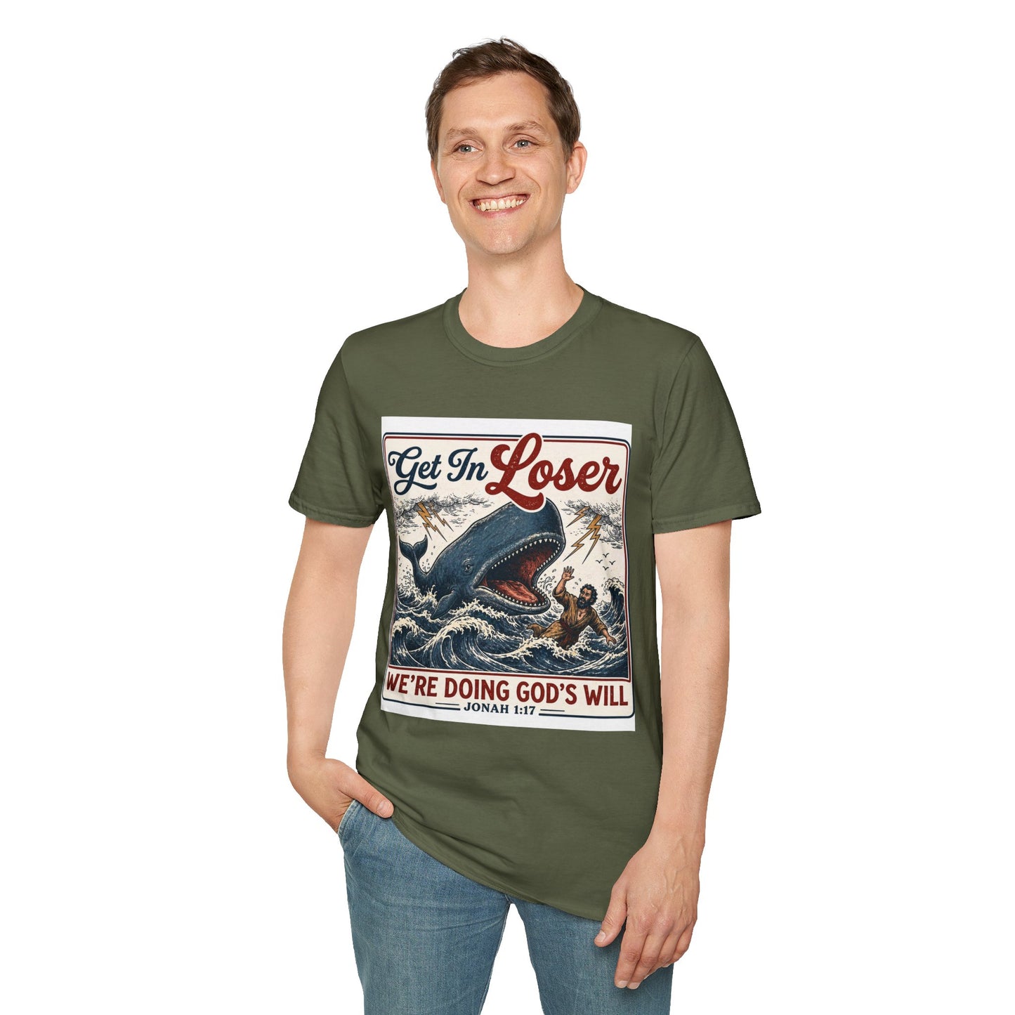 T-Shirt — "Get In Loser" Jonah 1:17 Whale Vintage Christian Graphic Tee