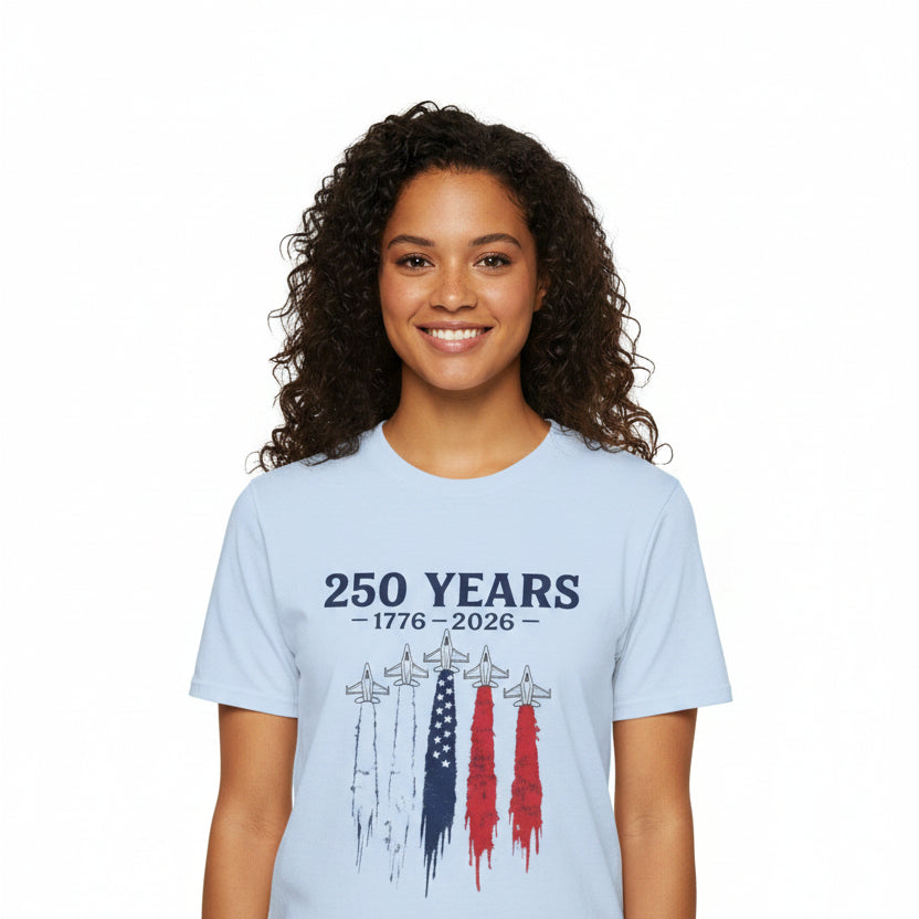 250 Years 1776–2026 Patriotic T-Shirt — USA Flag Jet Trails Independence Anniversary