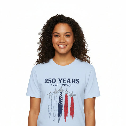 250 Years 1776–2026 Patriotic T-Shirt — USA Flag Jet Trails Independence Anniversary