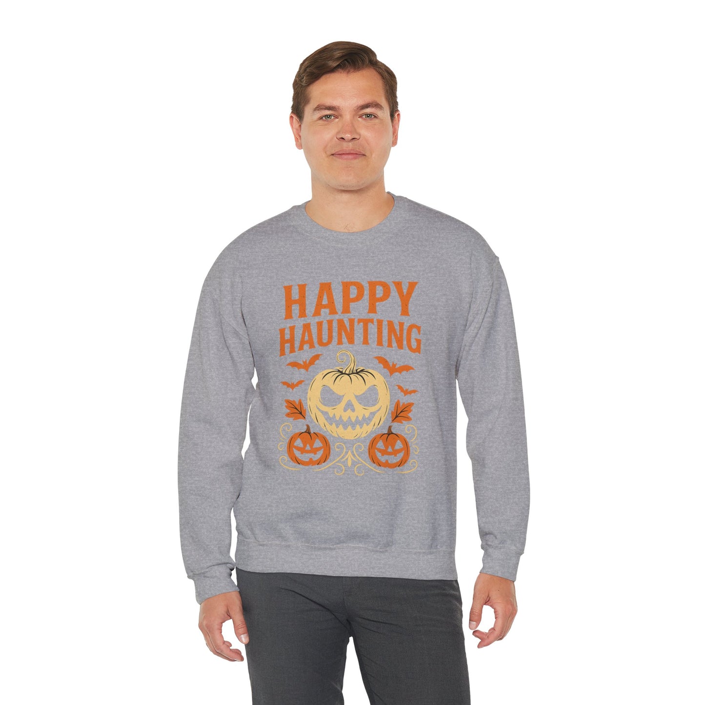 Happy Haunting Sweatshirt | Unisex Halloween Crewneck | Cozy Fall Apparel | Pumpkin Design Sweatshirt | Spooky Season Layer