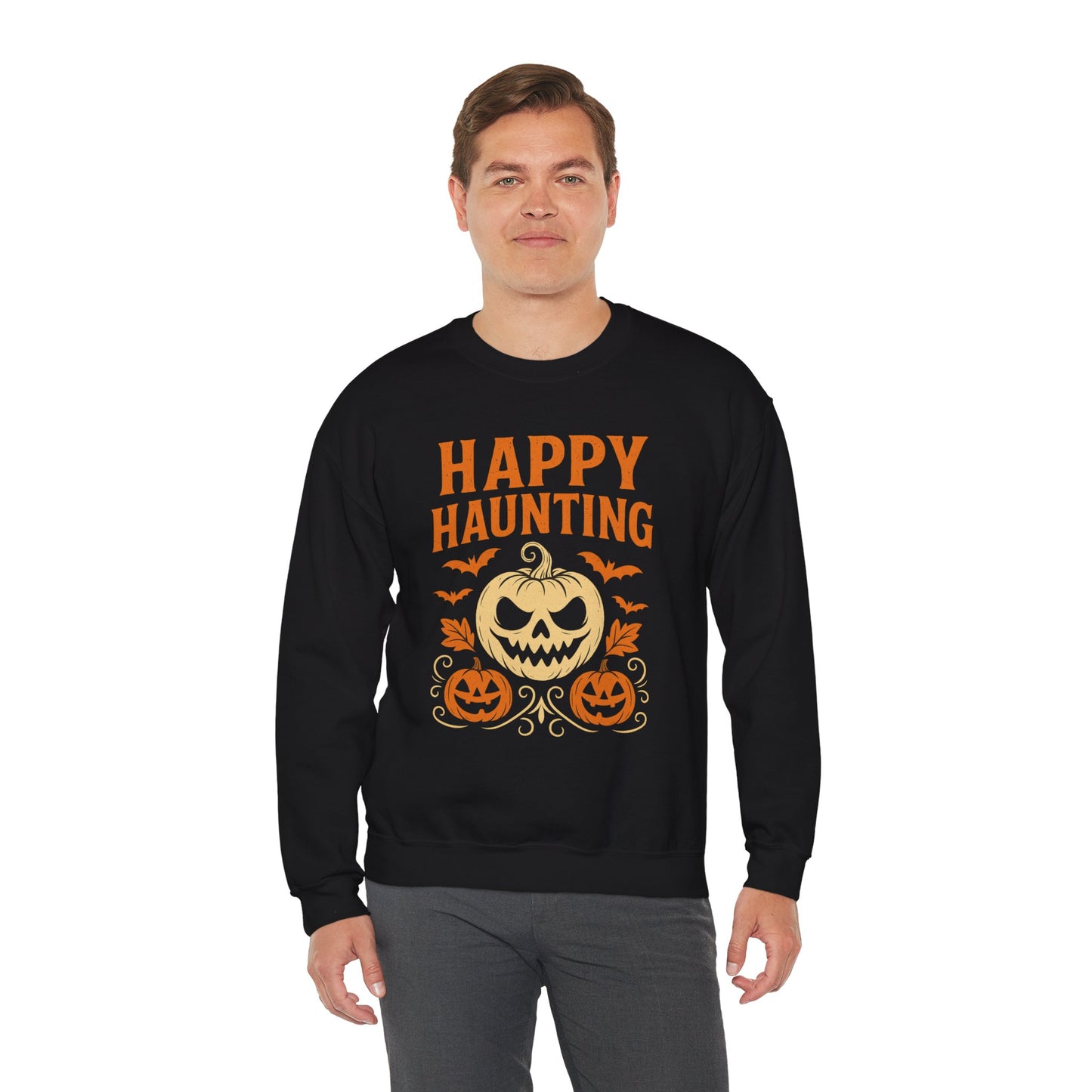 Happy Haunting Sweatshirt | Unisex Halloween Crewneck | Cozy Fall Apparel | Pumpkin Design Sweatshirt | Spooky Season Layer