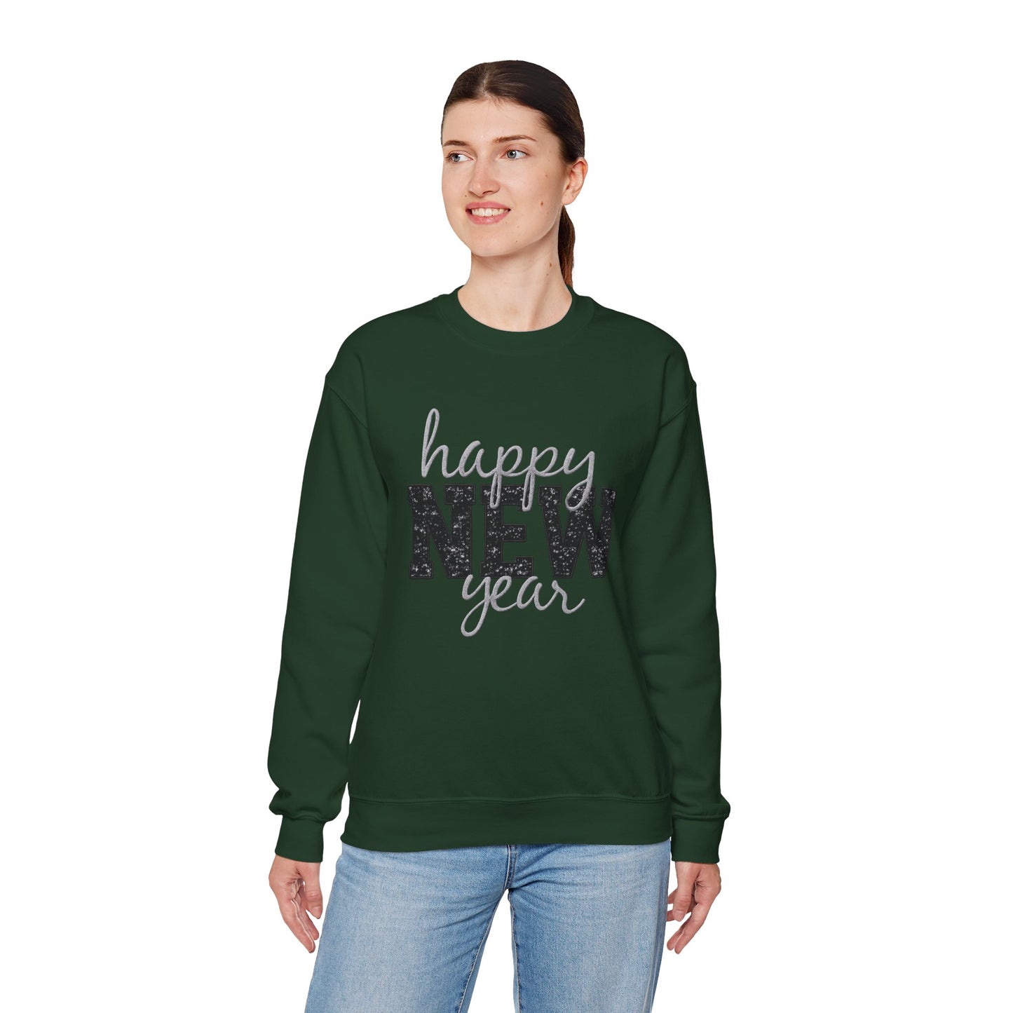 Happy New Year Crewneck Sweatshirt | Festive Glitter Graphic Pullover