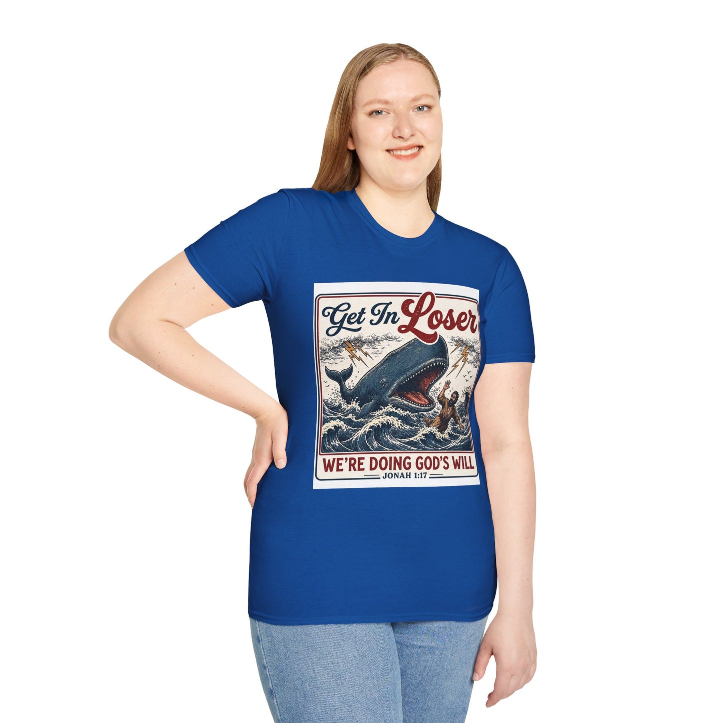 T-Shirt — "Get In Loser" Jonah 1:17 Whale Vintage Christian Graphic Tee