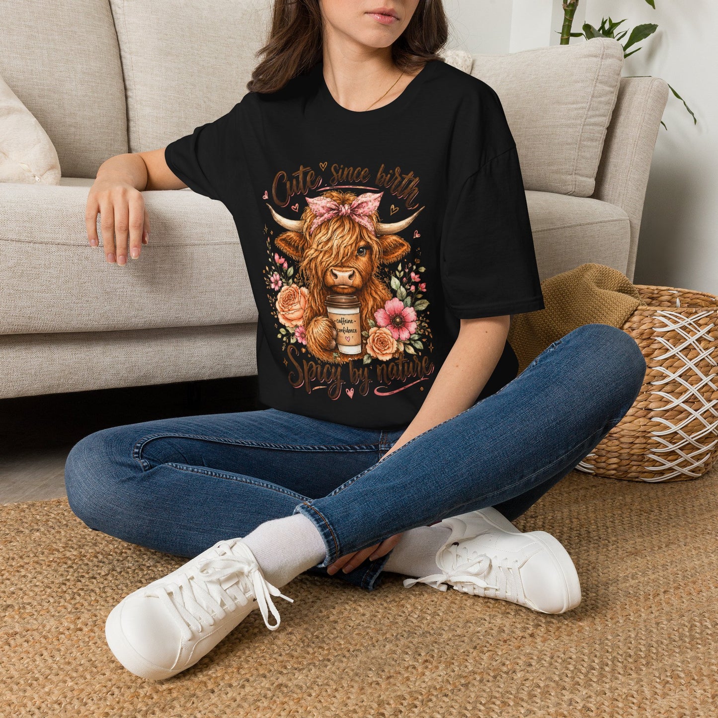 Cute Since Birth Cow T-Shirt | Floral Highland Cow Tee (Spicy by Nature)