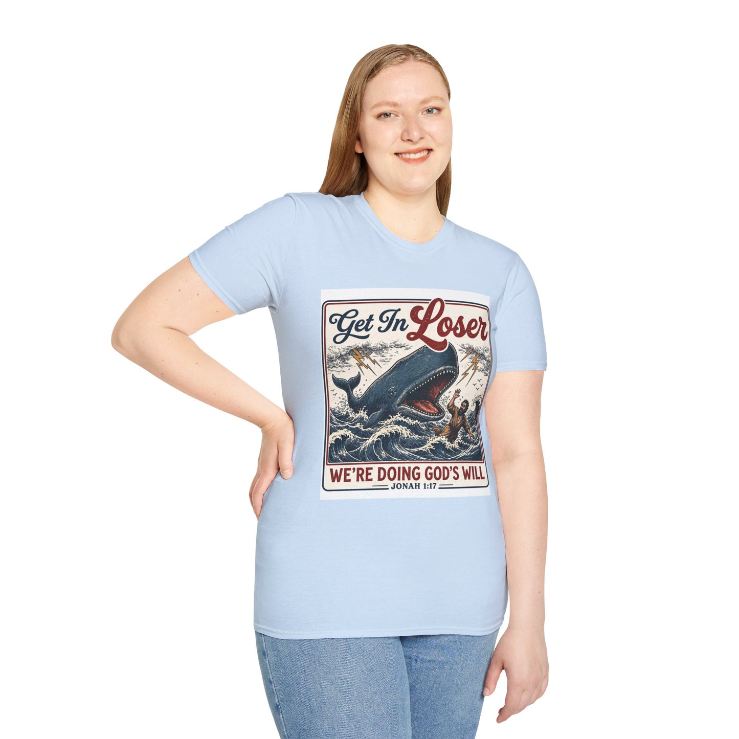 T-Shirt — "Get In Loser" Jonah 1:17 Whale Vintage Christian Graphic Tee