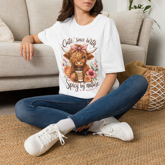 Cute Since Birth Cow T-Shirt | Floral Highland Cow Tee (Spicy by Nature)