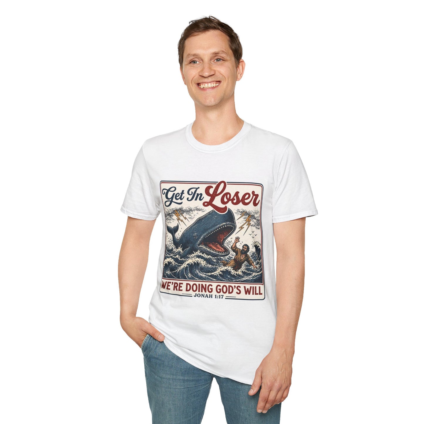 T-Shirt — "Get In Loser" Jonah 1:17 Whale Vintage Christian Graphic Tee