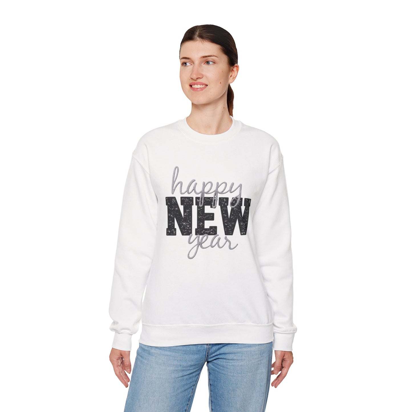 Happy New Year Crewneck Sweatshirt | Festive Glitter Graphic Pullover