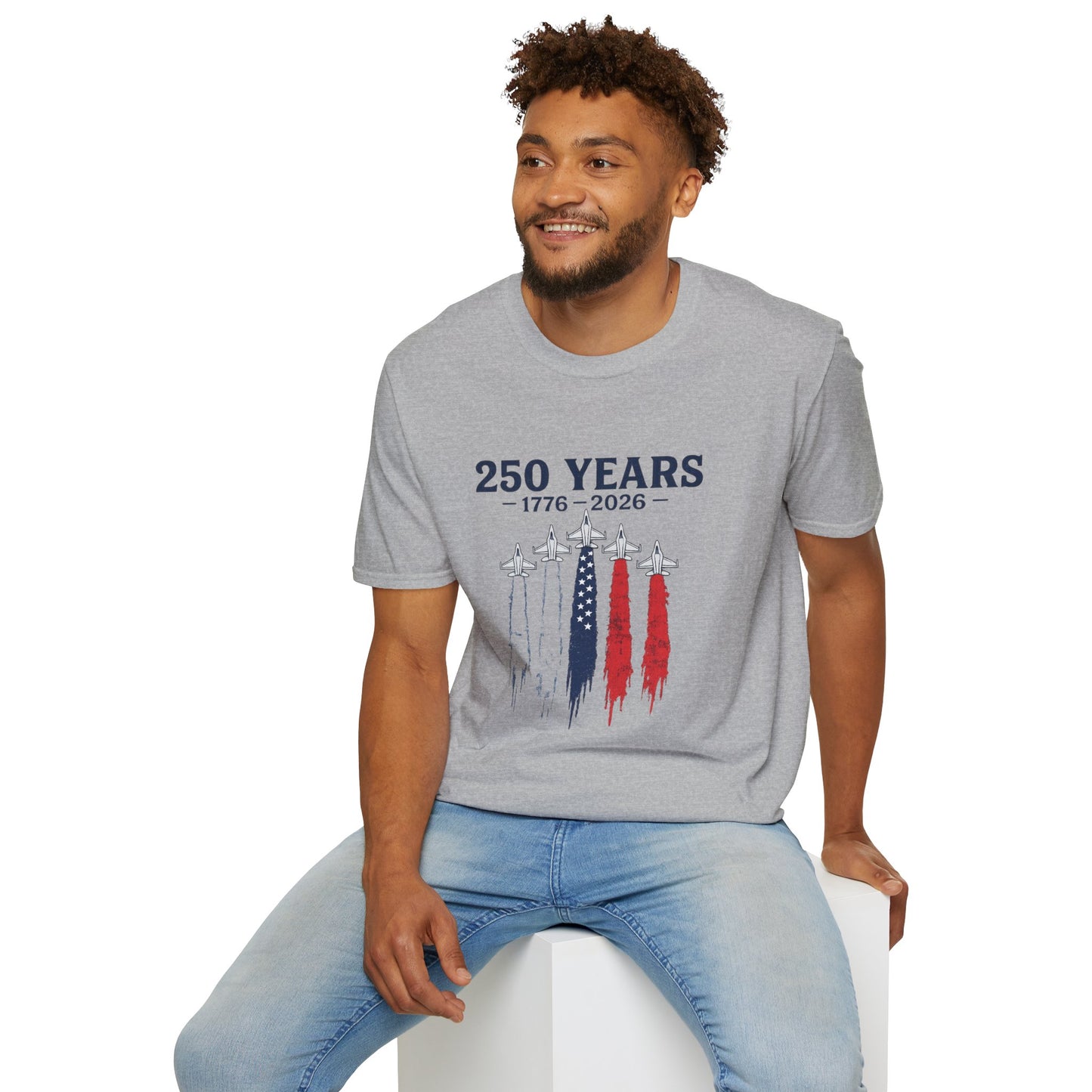 250 Years 1776–2026 Patriotic T-Shirt — USA Flag Jet Trails Independence Anniversary