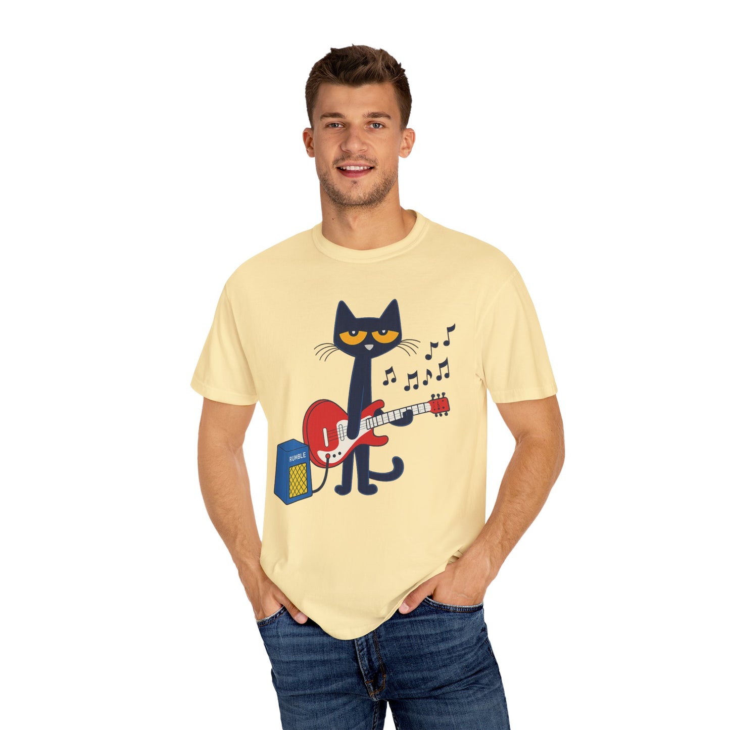 Meow & Roll T-Shirt – Cartoon Cat Playing Guitar