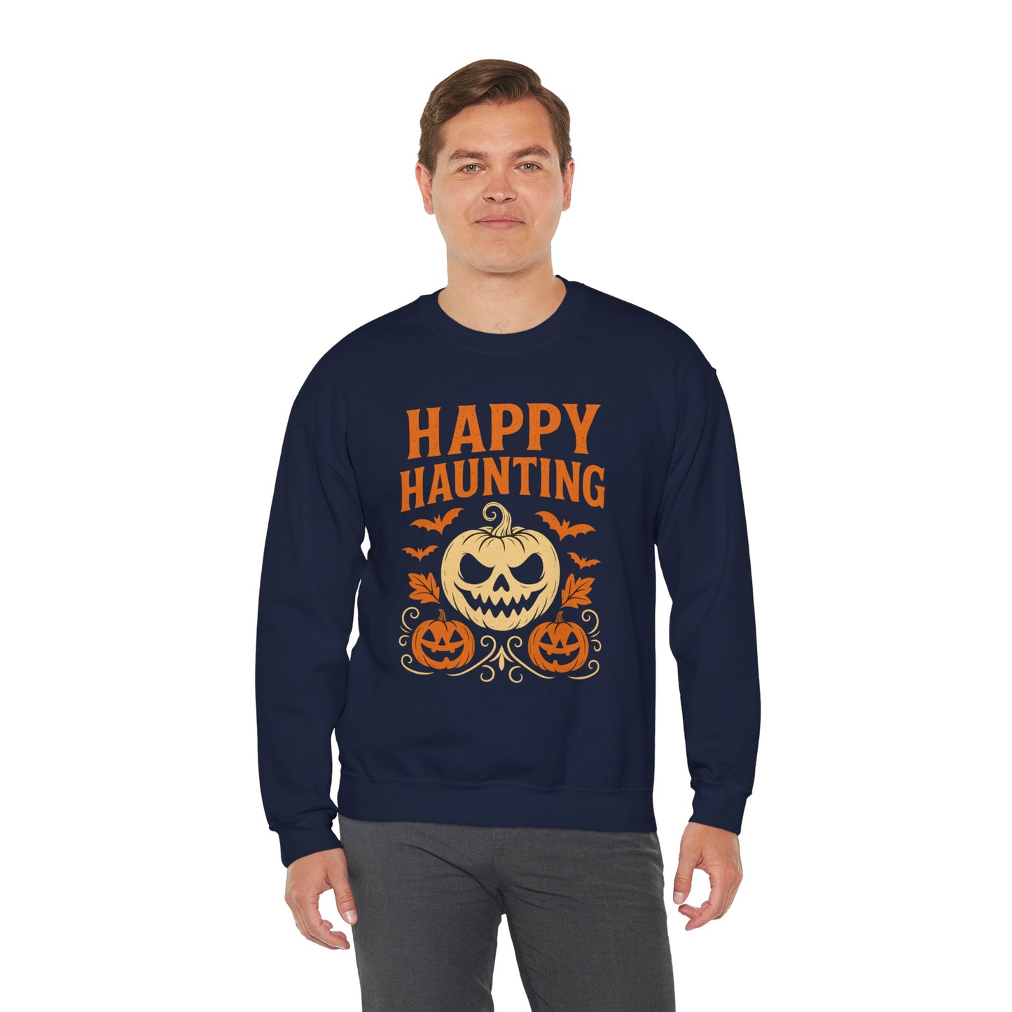 Happy Haunting Sweatshirt | Unisex Halloween Crewneck | Cozy Fall Apparel | Pumpkin Design Sweatshirt | Spooky Season Layer
