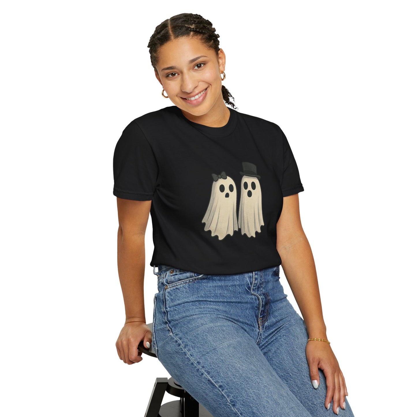 Spooky Ghost Couple Halloween T-Shirt – Cute His & Hers Matching Ghosts Tee with Bow & Top Hat
