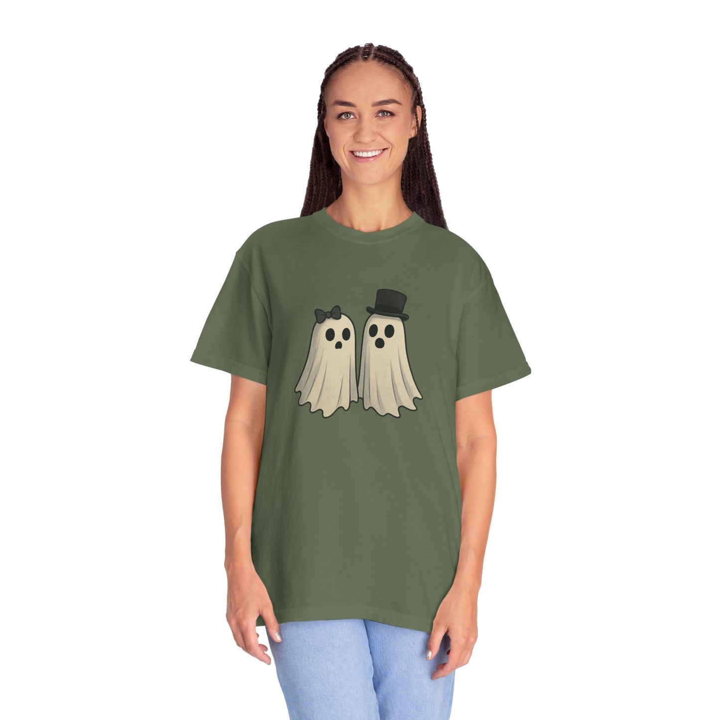 Spooky Ghost Couple Halloween T-Shirt – Cute His & Hers Matching Ghosts Tee with Bow & Top Hat