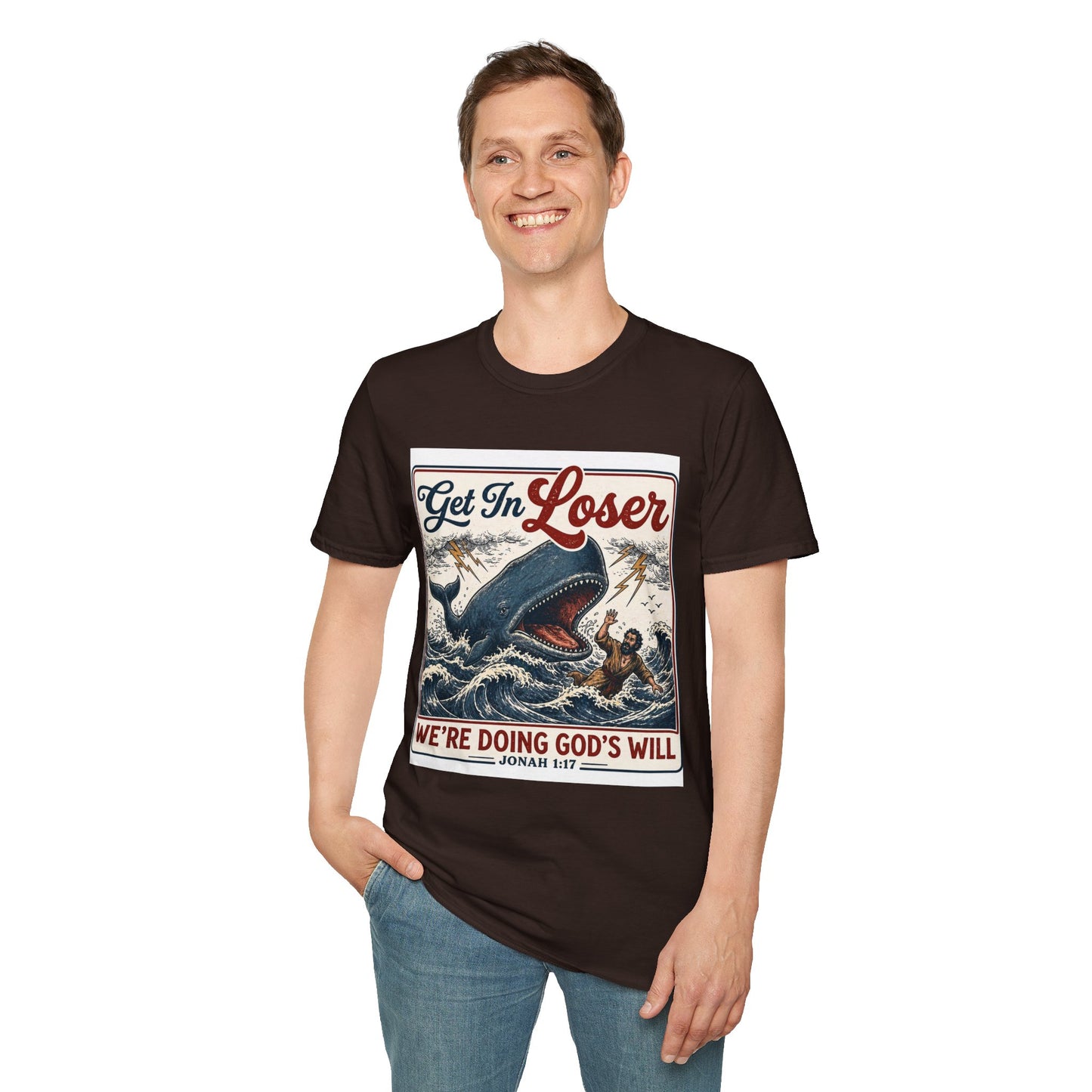 T-Shirt — "Get In Loser" Jonah 1:17 Whale Vintage Christian Graphic Tee