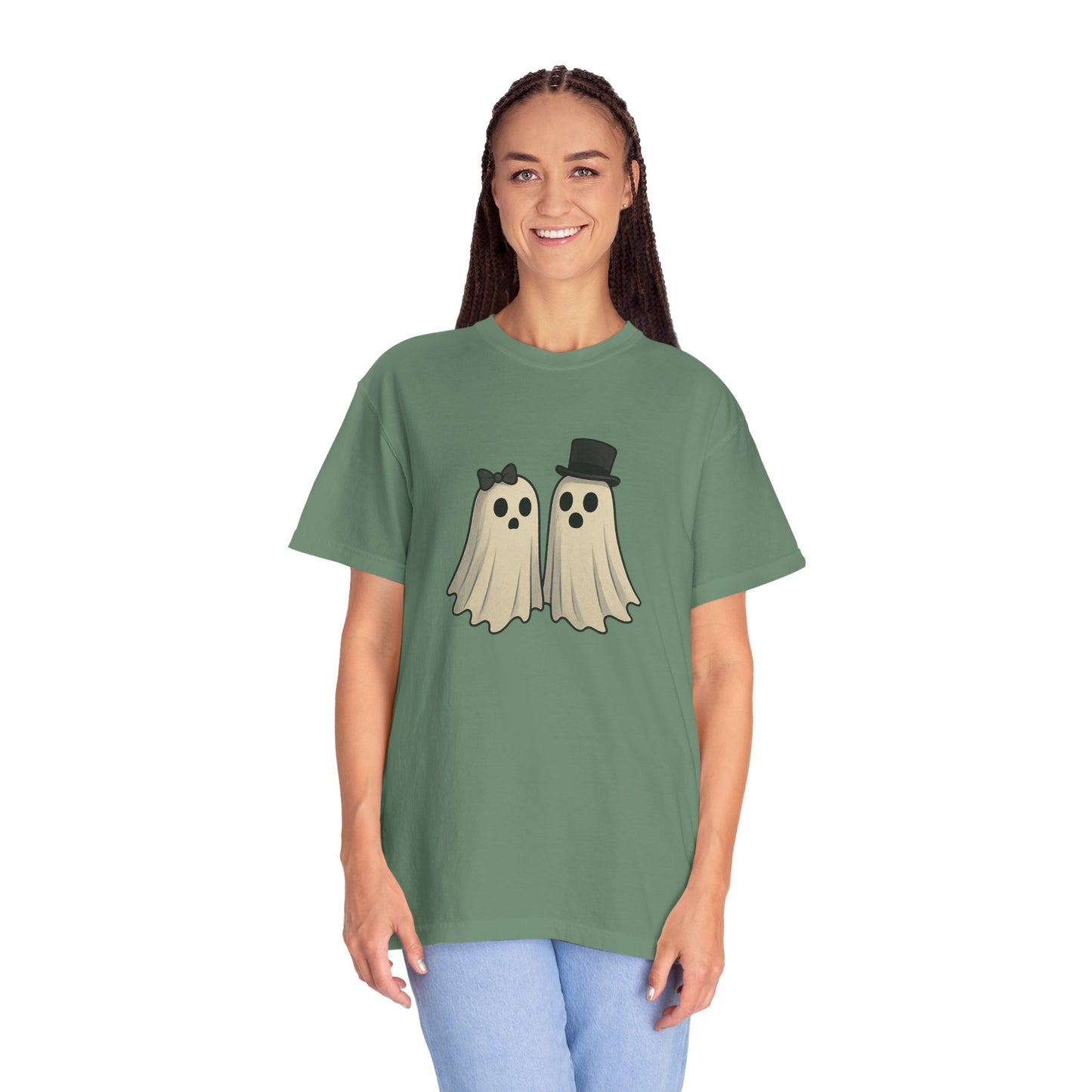 Spooky Ghost Couple Halloween T-Shirt – Cute His & Hers Matching Ghosts Tee with Bow & Top Hat
