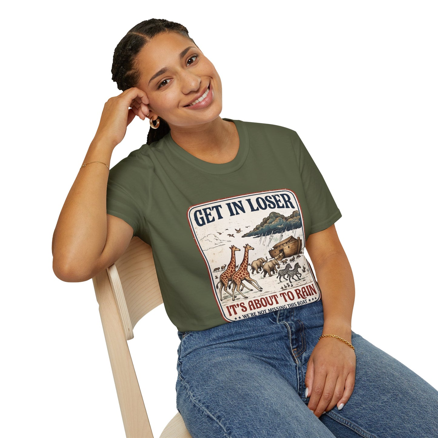 Get in Loser Ark T-Shirt — "It's About to Rain" Noah's Ark Animal Graphic Tee
