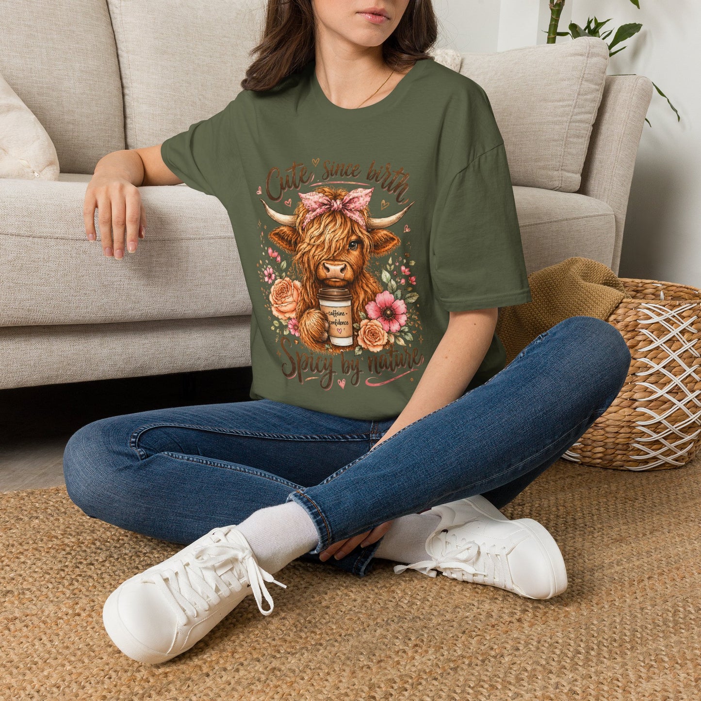 Cute Since Birth Cow T-Shirt | Floral Highland Cow Tee (Spicy by Nature)