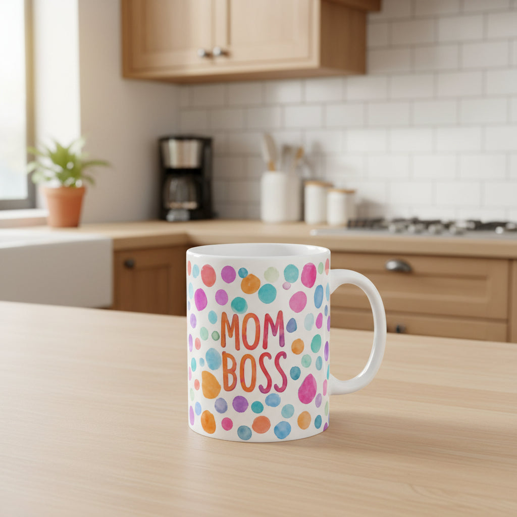 Mom Boss Polka Dot Ceramic Mug — Colorful Watercolor Dots Coffee Cup (11oz & 15oz)