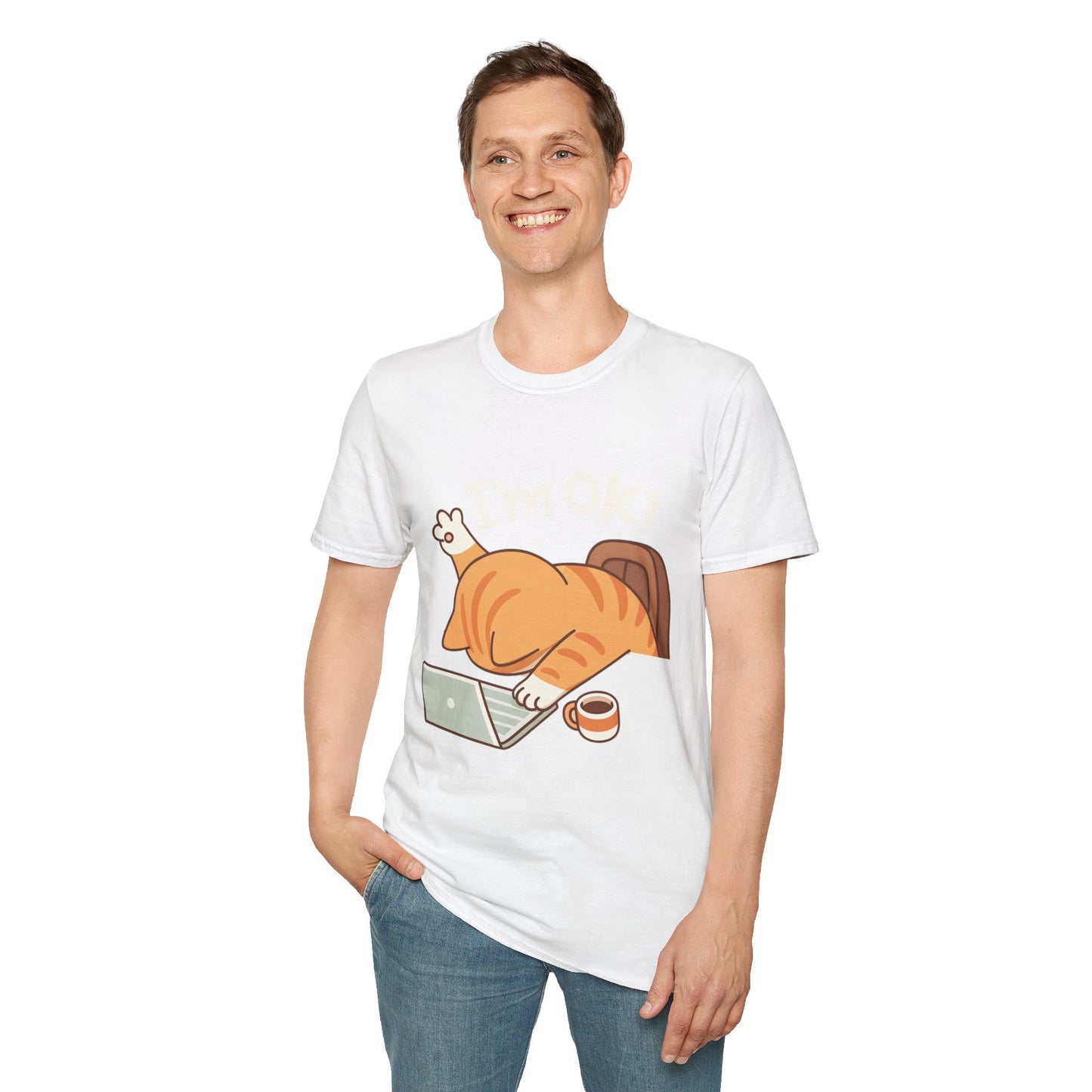 Funny Cat T-Shirt – "I'm OK" Cute Lazy Cat Graphic Tee, Work from Home Meme Shirt, Unisex Humor Shirt