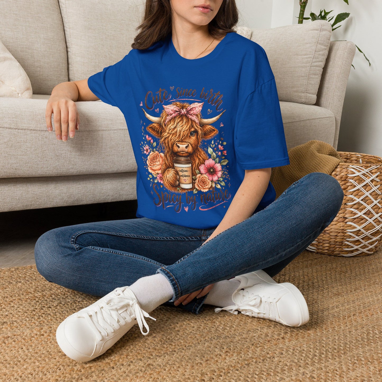 Cute Since Birth Cow T-Shirt | Floral Highland Cow Tee (Spicy by Nature)