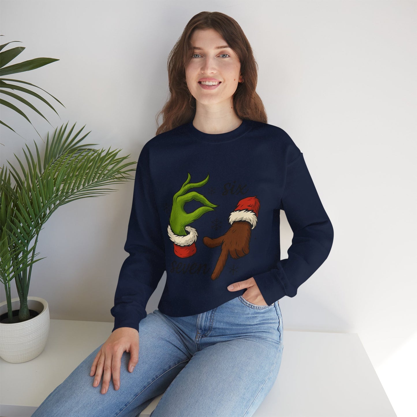 Six Seven Christmas Sweatshirt – Funny Grinch Hand Holiday Crewneck