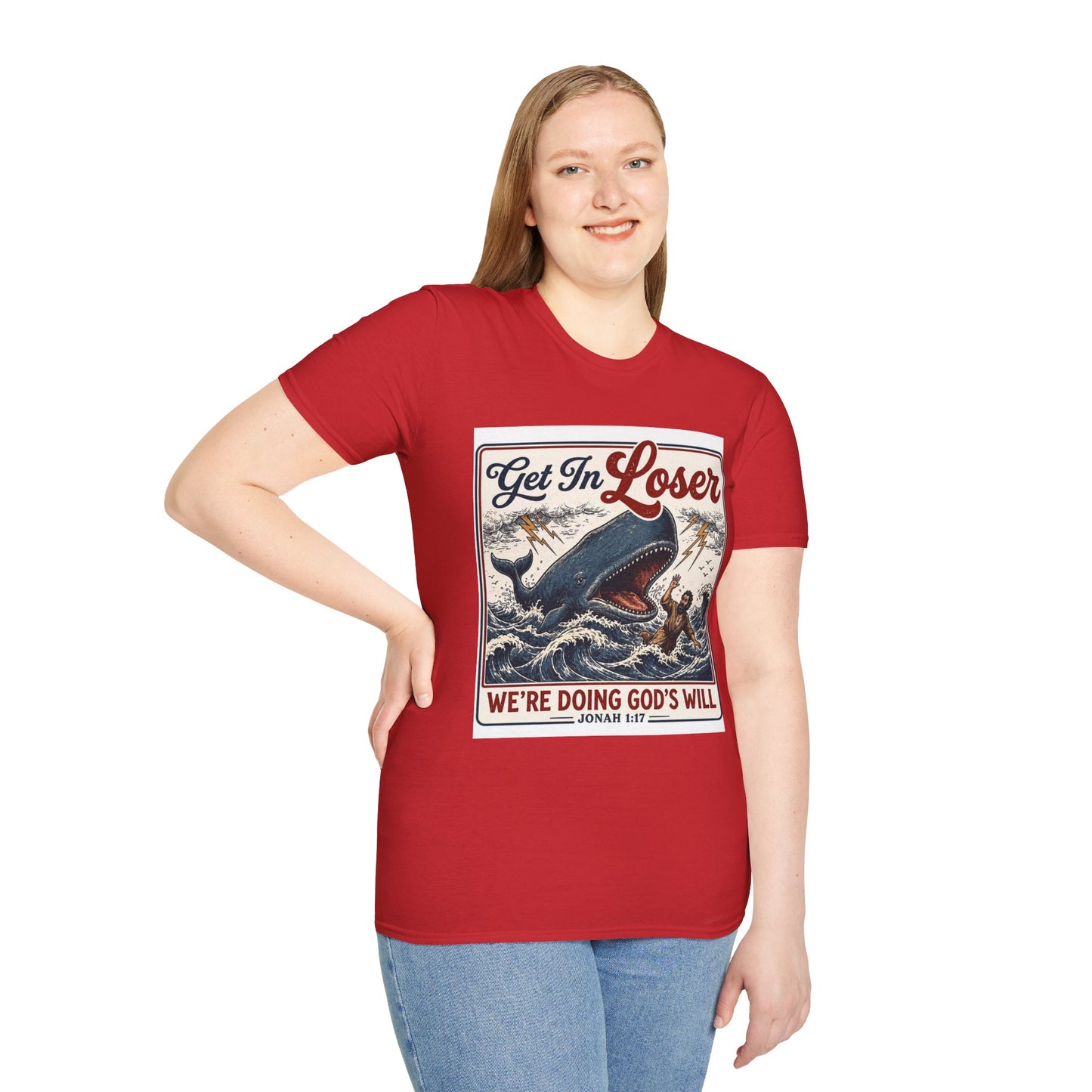 T-Shirt — "Get In Loser" Jonah 1:17 Whale Vintage Christian Graphic Tee
