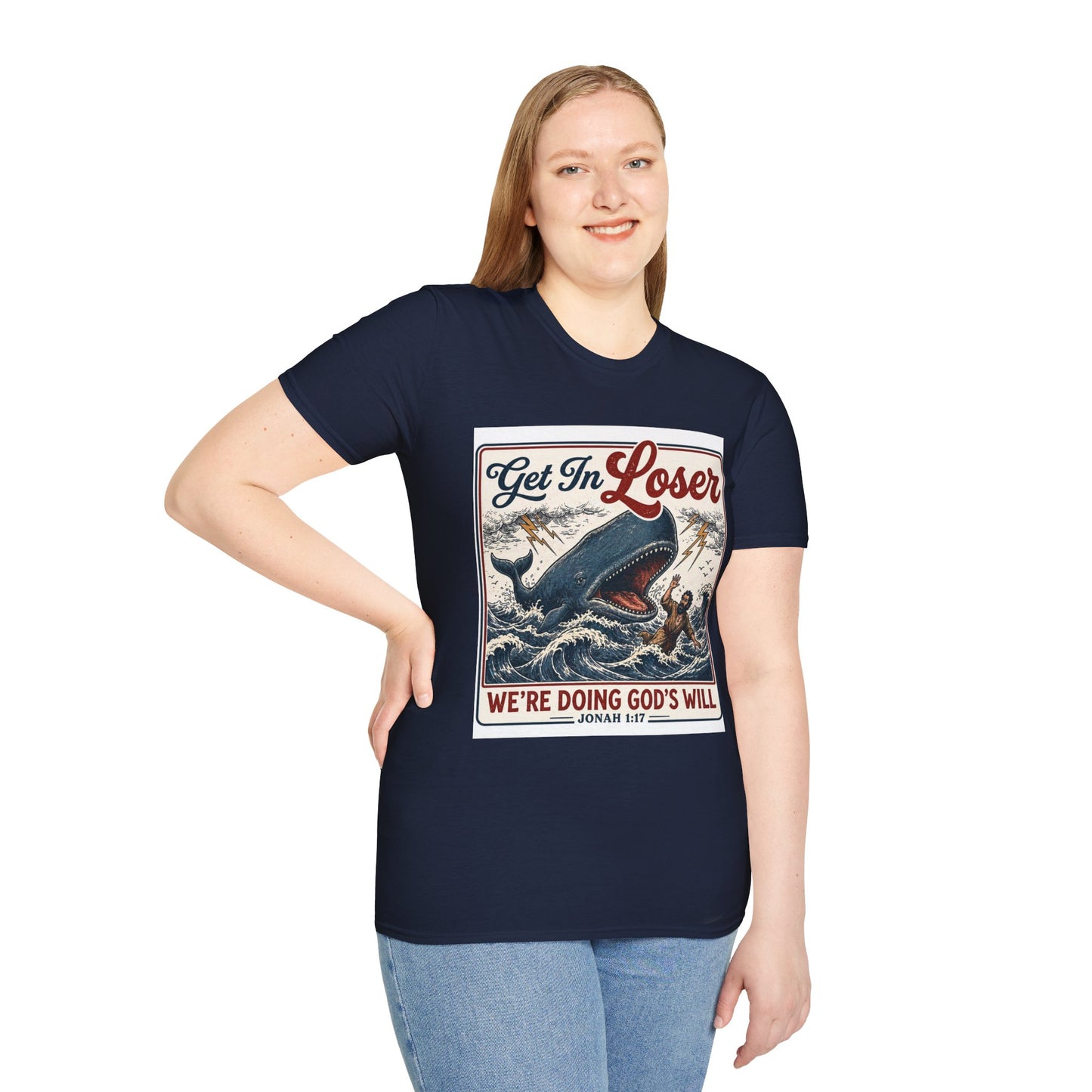 T-Shirt — "Get In Loser" Jonah 1:17 Whale Vintage Christian Graphic Tee