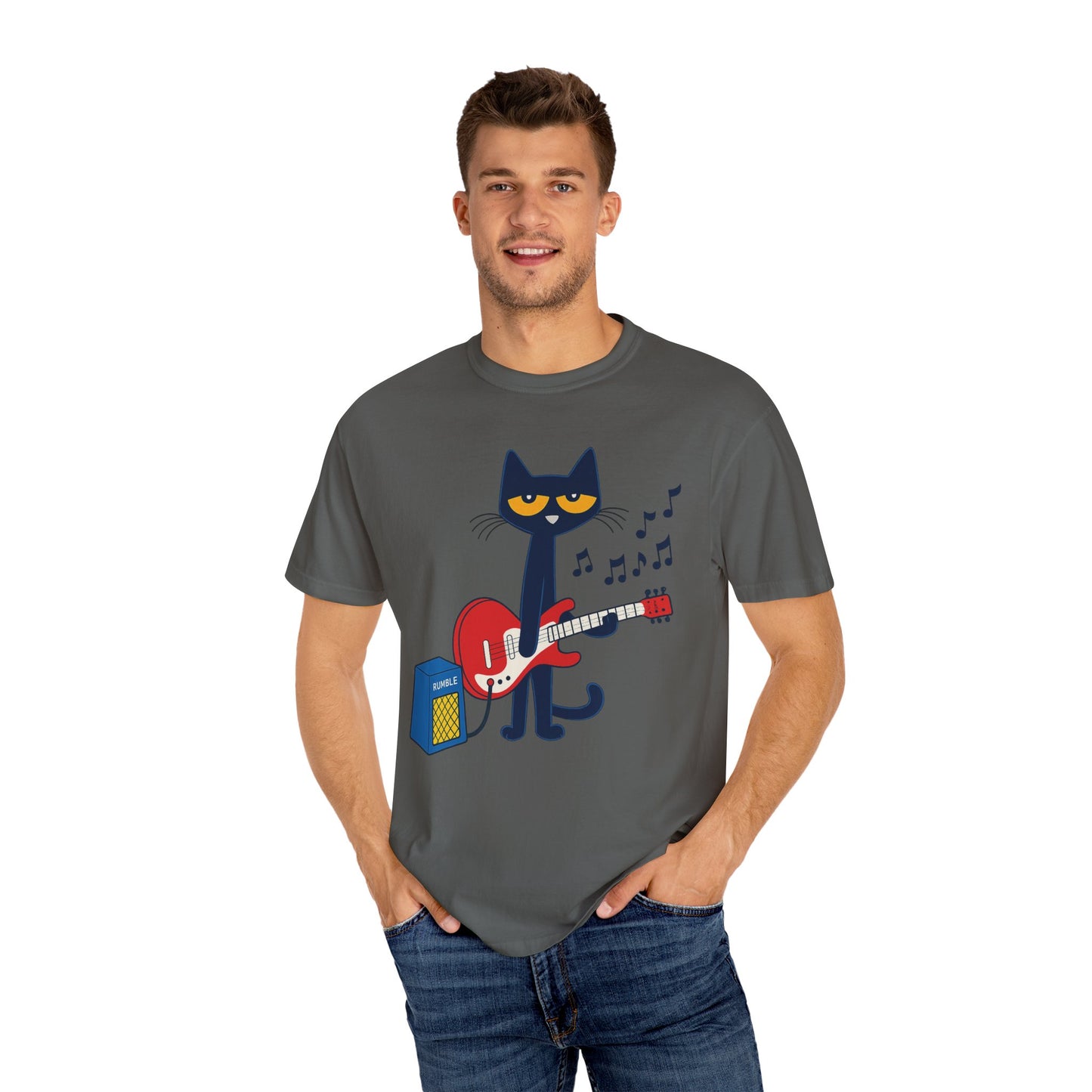 Meow & Roll T-Shirt – Cartoon Cat Playing Guitar
