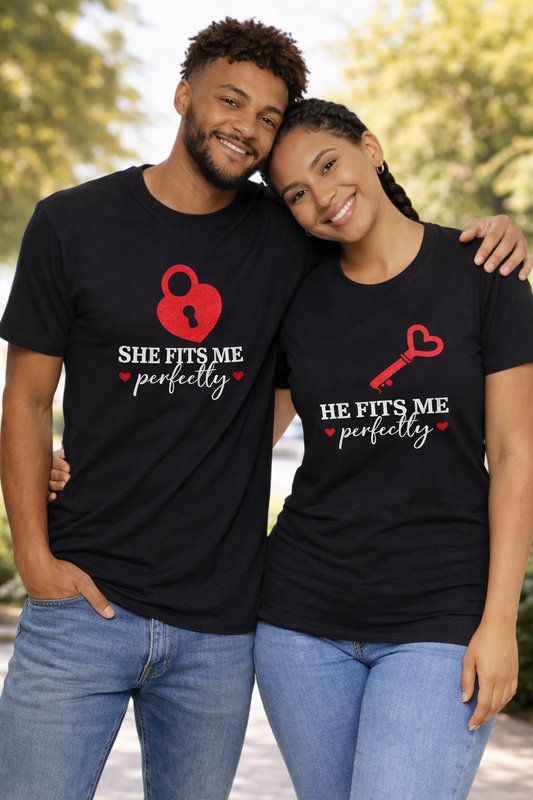 He Fits Me Perfectly / She Fits Me Perfectly – Matching Couples T-Shirt Set
