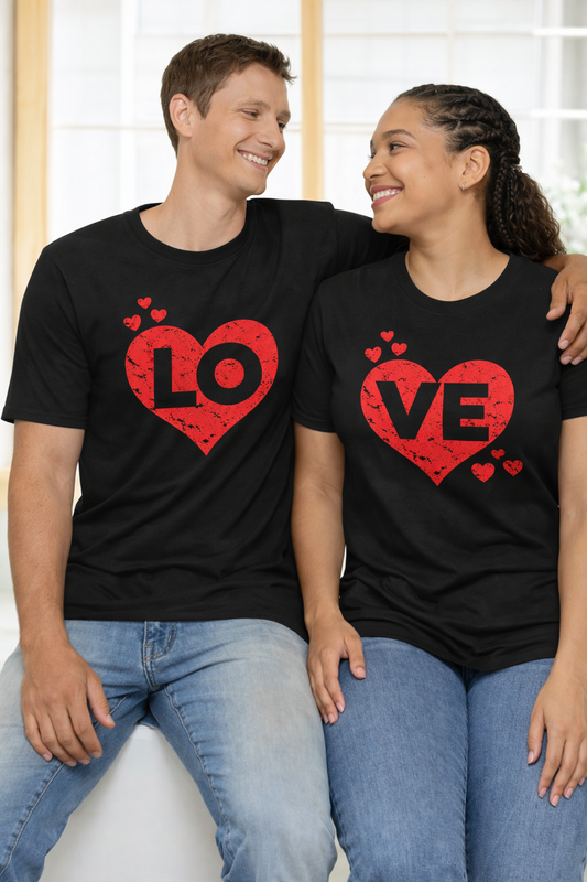 Red Heart Valentine T-Shirt — “LO/VE” Graphic Tee for Couples