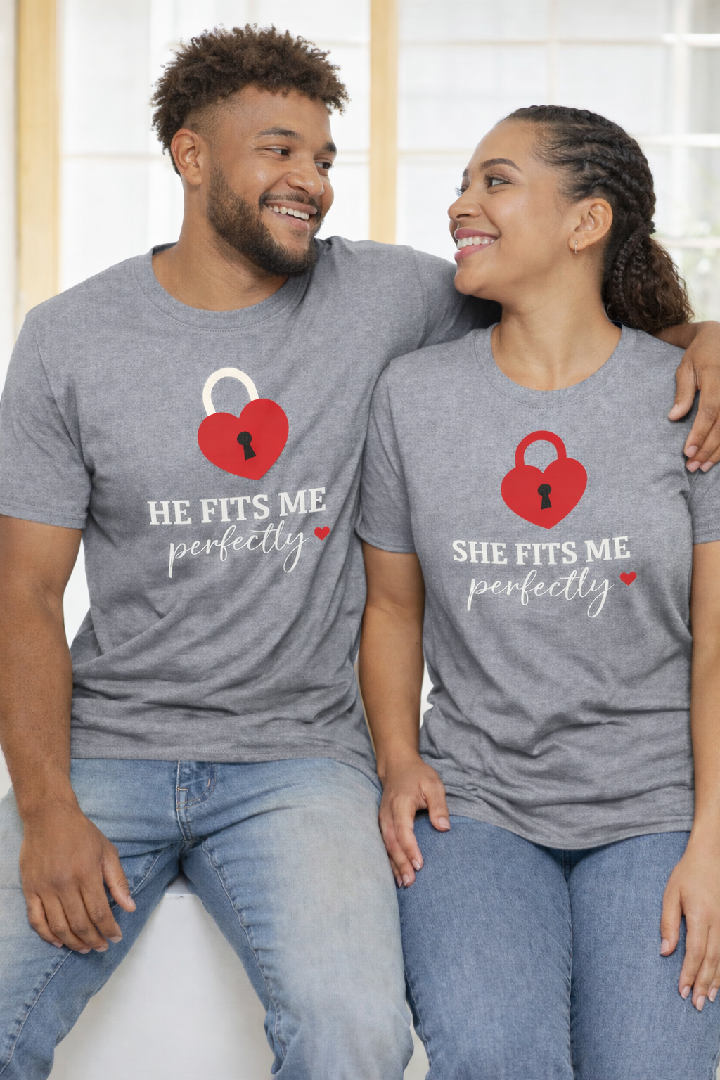 He Fits Me Perfectly / She Fits Me Perfectly – Matching Couples T-Shirt Set